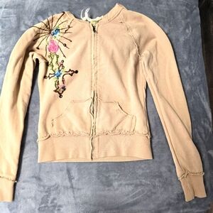 Miss Me Embroidered Tan Cropped‎ Hoodie Jacket Womens Size S Thrashed Distressed